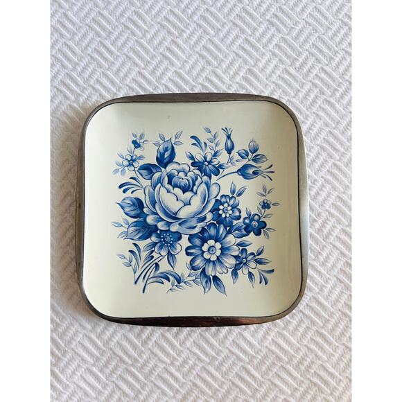 Vintage 5x5 Blue Floral Enamel Tray Stainless Steel Lamb Mark Mid Century Japan - Picture 1 of 7